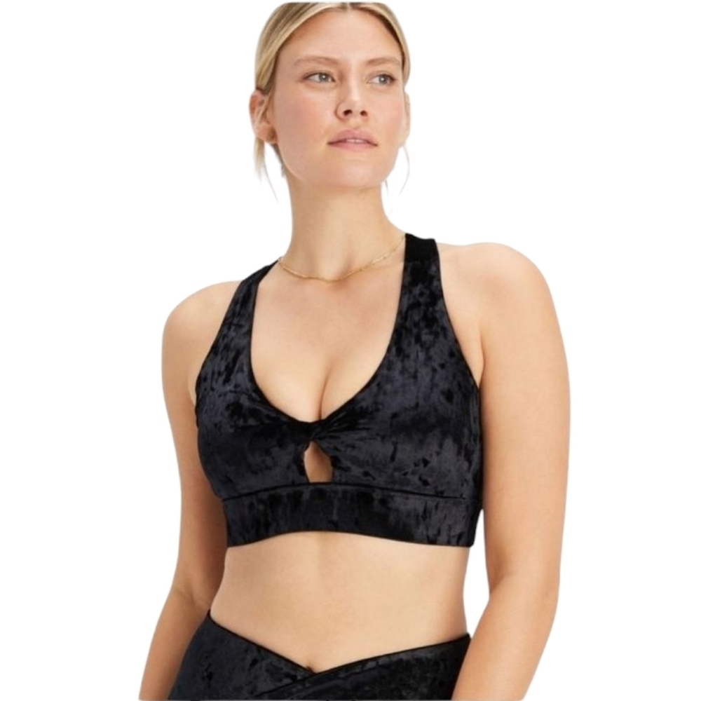 Fabletics Oasis Crushed Velour Twist Sports Bra Black Size Medium